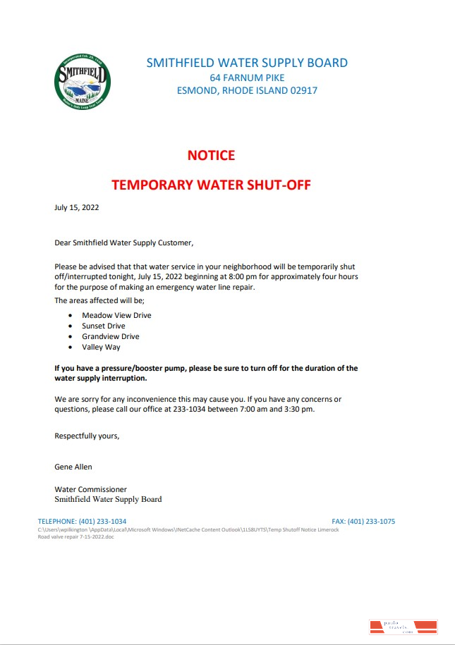 USA Rhode Island Smithfield water supply board water shut off notice, Word and PDF template